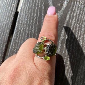 Moldavite and Sterling silver with gemstones ring